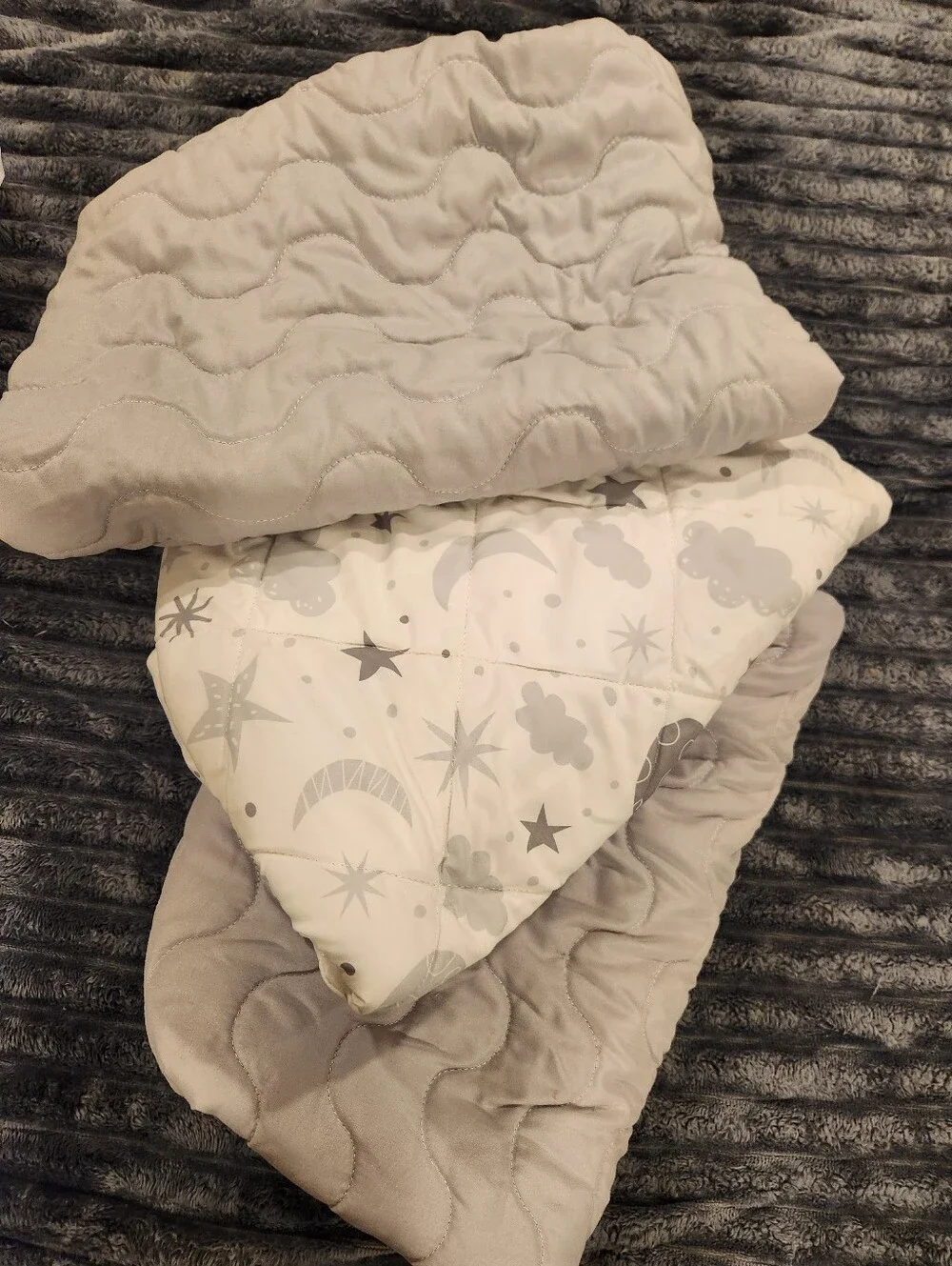 Neutral Gray Quilted Baby Play Mat - Moon & Stars Print, 3 Pack
